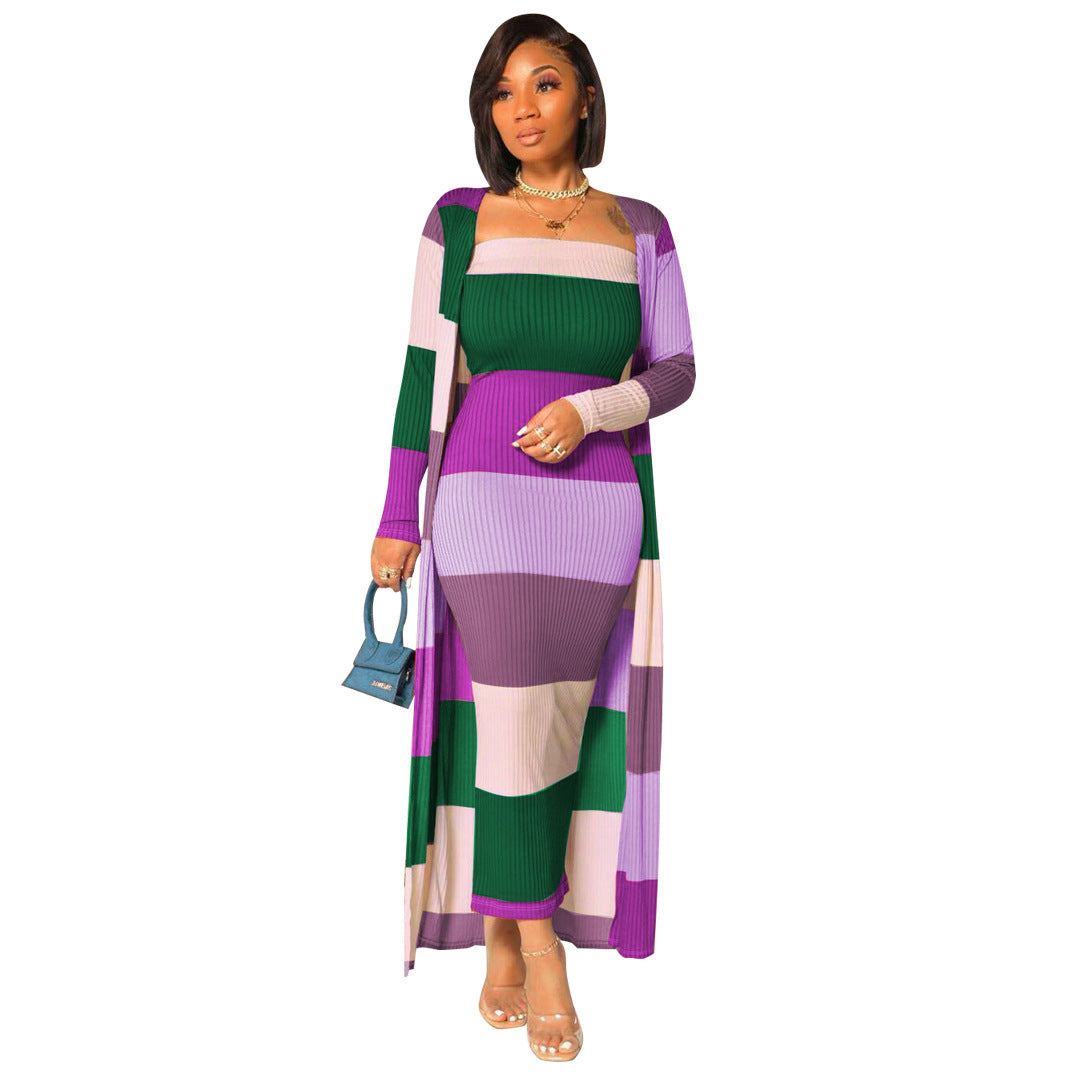 " 2-Piece Ladies Striped Jacket And Strapless Long Dress "