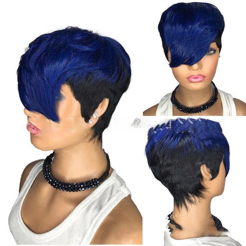Blue Ombre Wavy Color Short Straight Bob Pixie Cut Made Glueless Non Lace 100 Remy Human Hair Wig