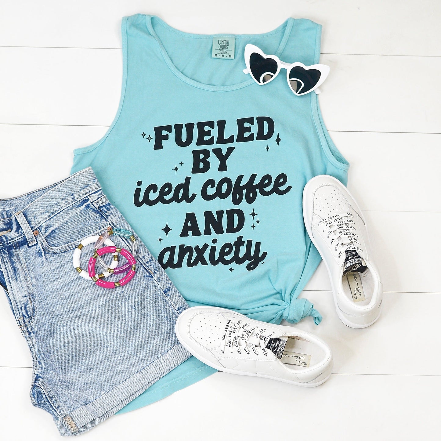 Fueled By Iced Coffee and Anxiety Graphic Tank Top in Lagoon
