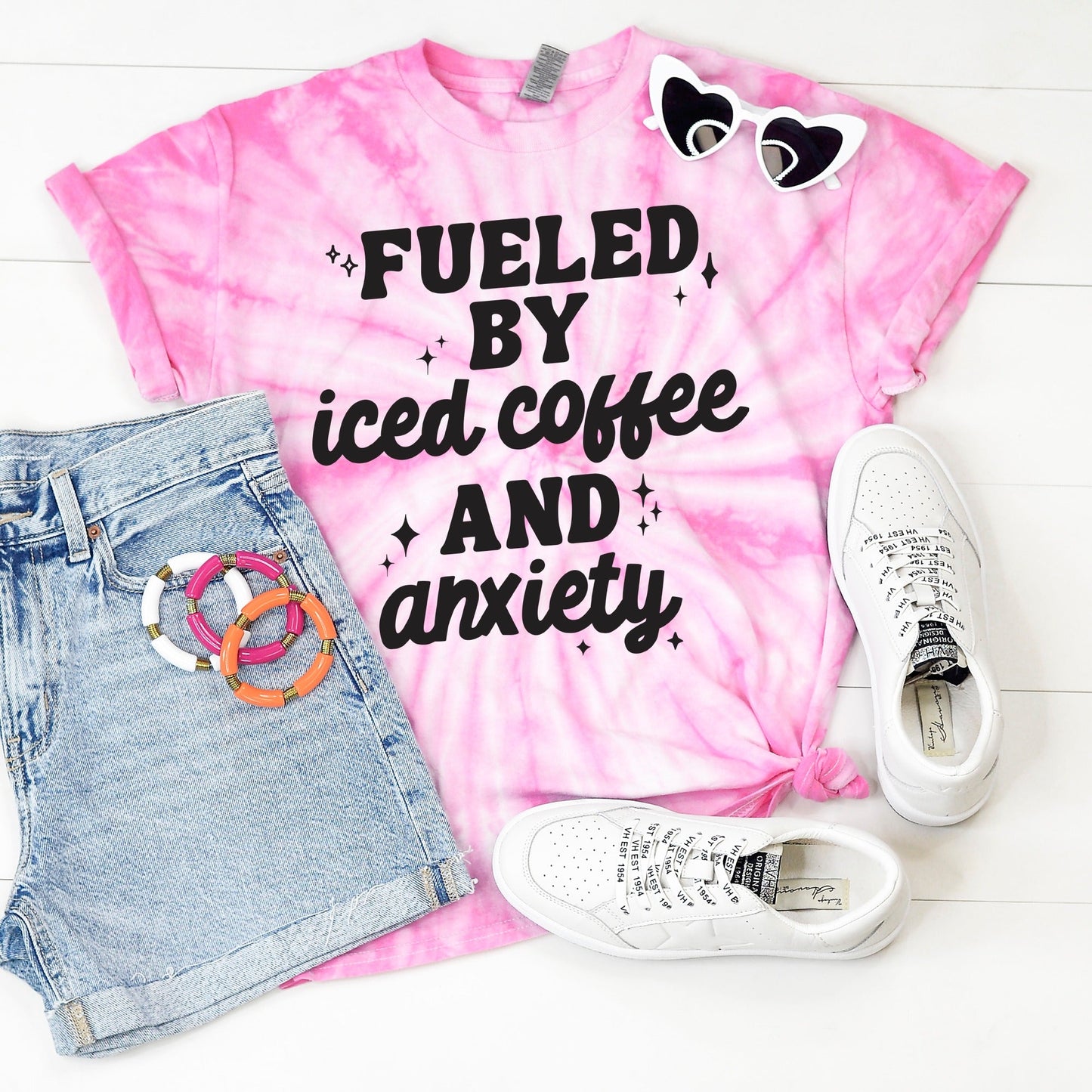 Fueled by Iced Coffee and Anxiety Graphic Shirt in Pink Tie Dye