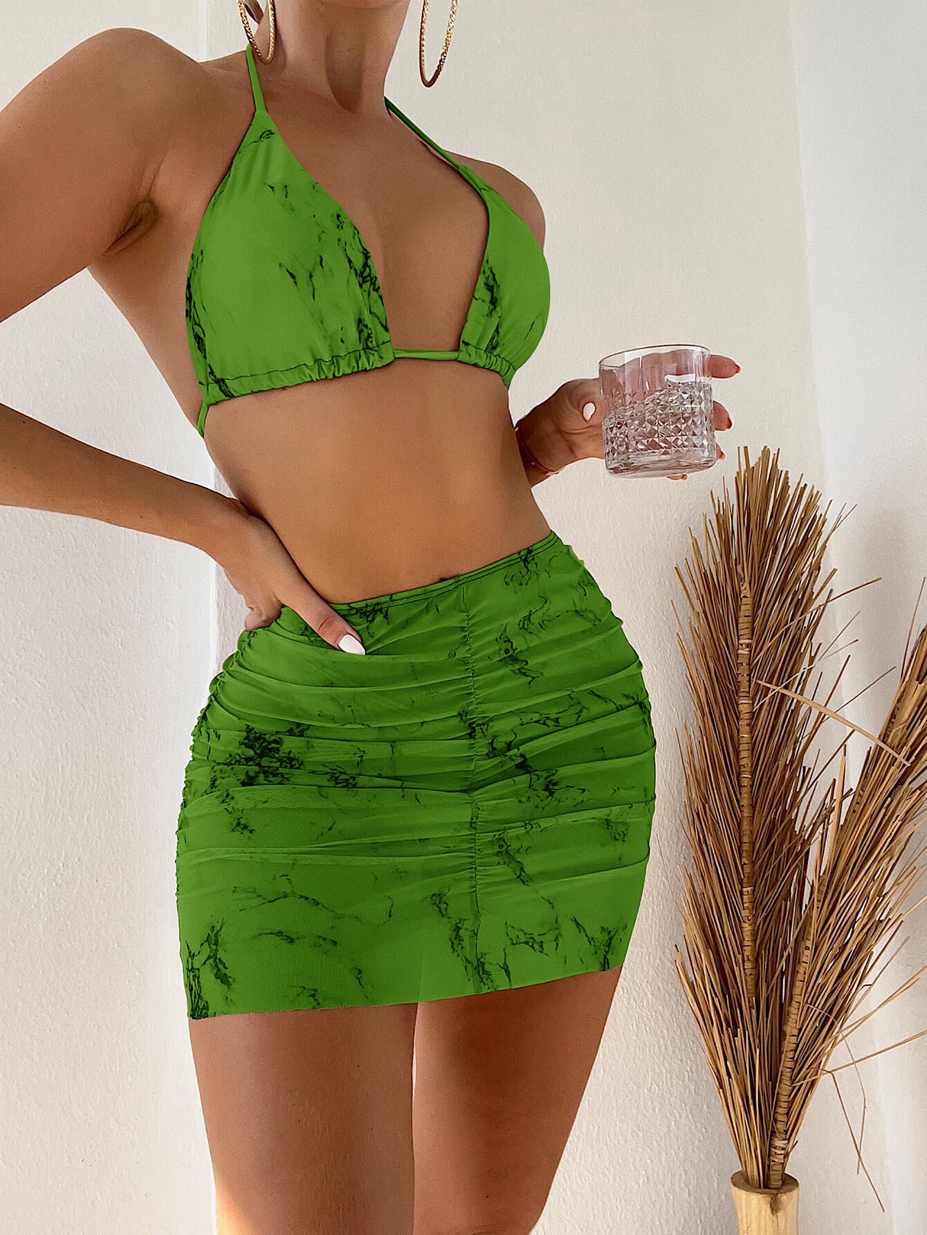 Tie-Dye Halter Neck Ruched Three-Piece Swimsuit