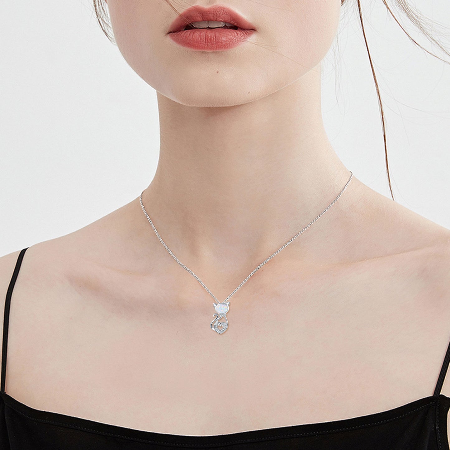 925 Sterling Silver Opal Cat Pendant Necklace
