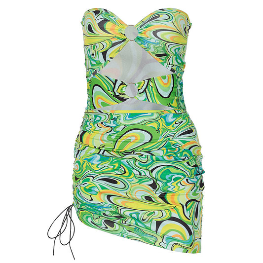 "Summer Time" Summer Print Bra Cut-out Drawstring Dress