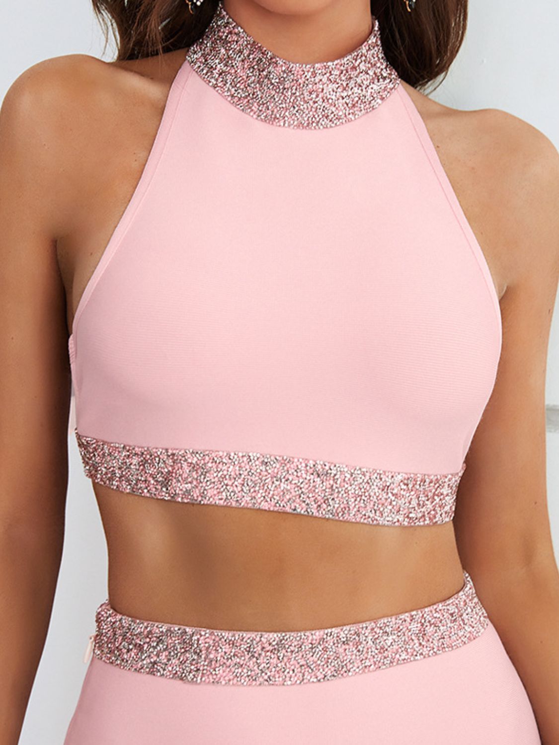 Rhinestone Contrast Halter Neck Top and Skirt Set