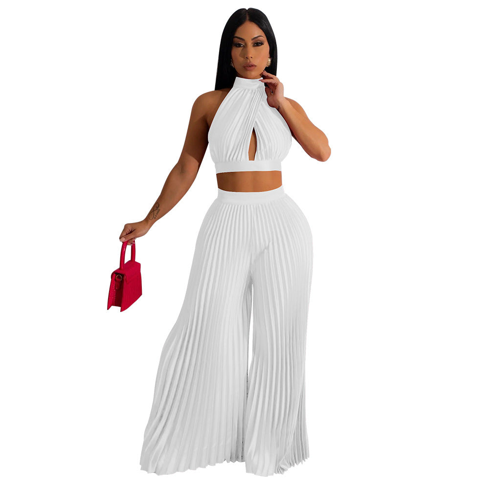 Women's Halter Top Silk Pleated Wide-Leg Pants Two-piece Set