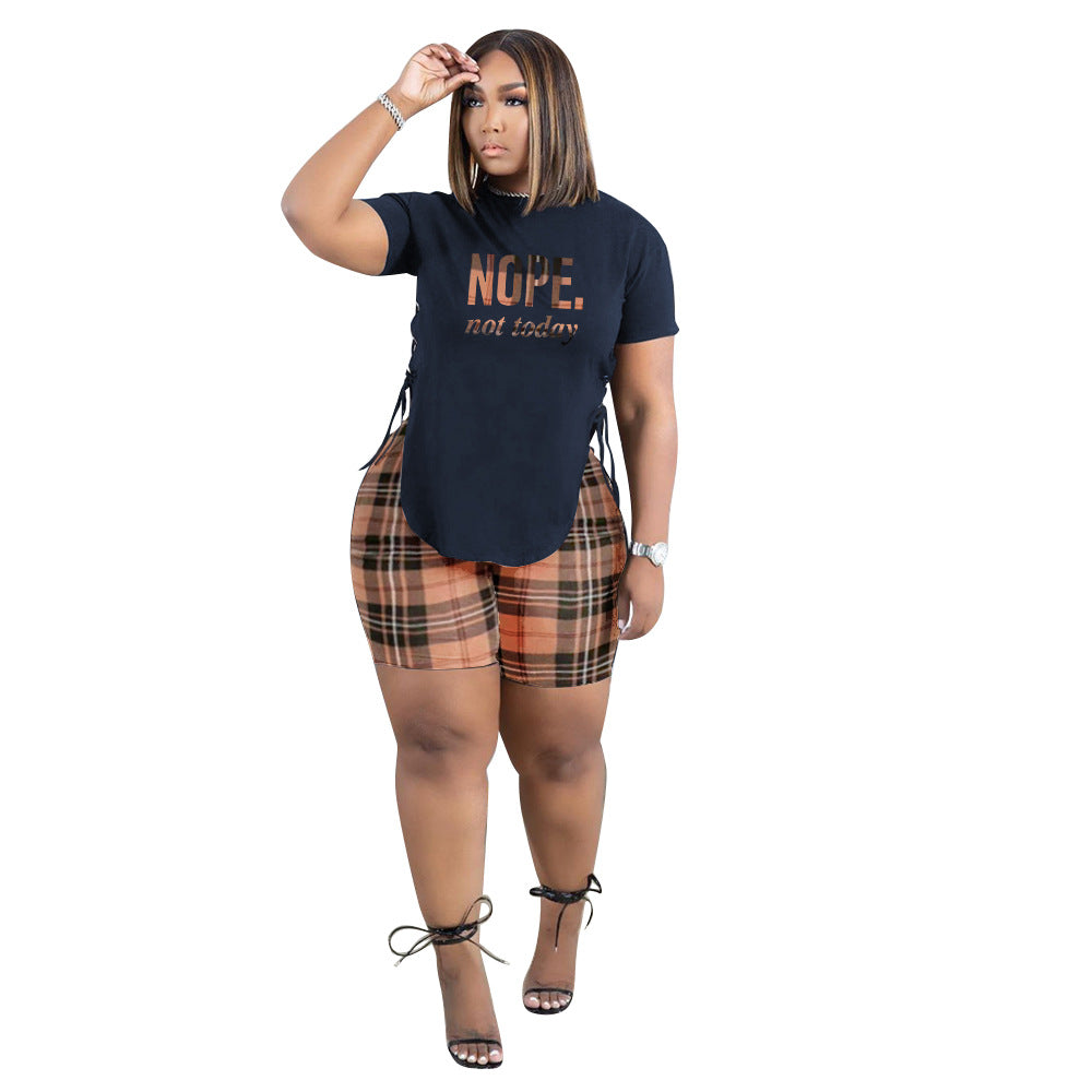 Women's Casual Side Slit Printed Letter Shorts Two-Piece Set