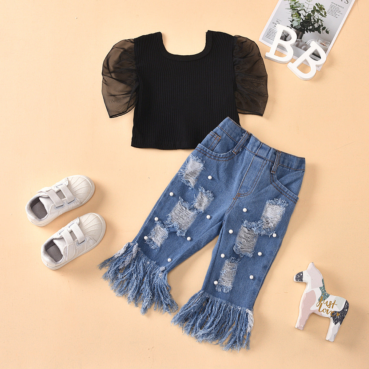 Girls Embellished Raw Edge Jeans and Shirt Set