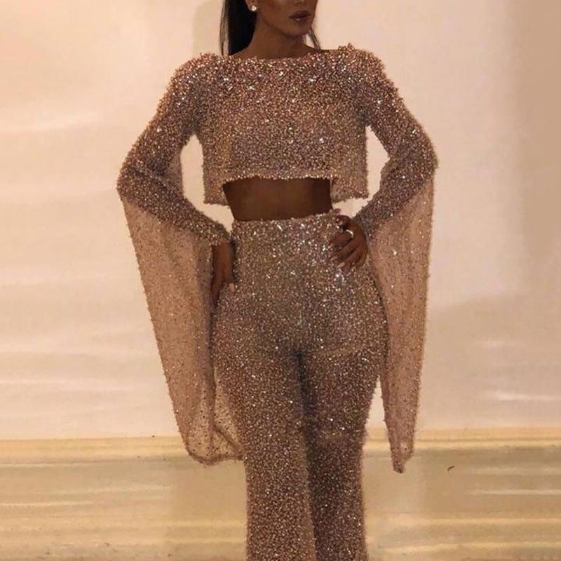 Women's Sexy Long-sleeved Sequin Gold Jumpsuit
