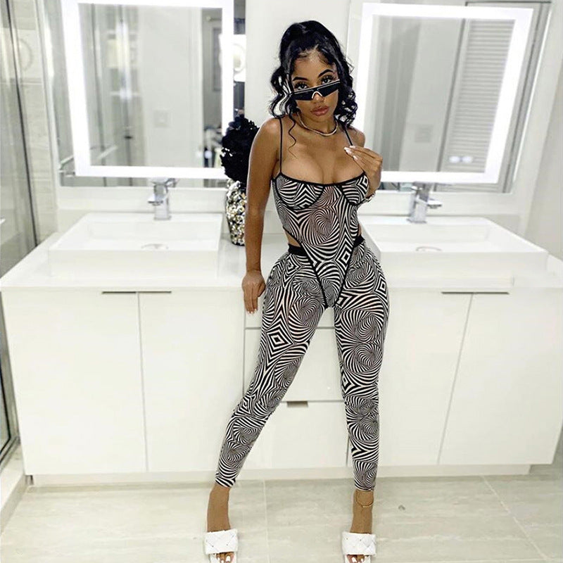 Zebra Pattern Sexy Mesh Printed Bodysuit Jumpsuit Set