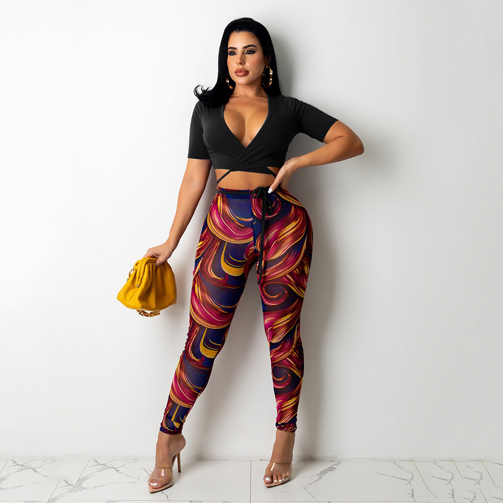Sexy Mesh Printed Trousers Women Two-Piece Set