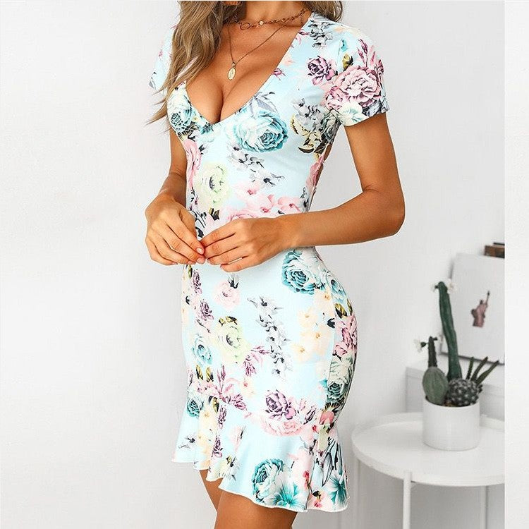 Women's Fashion Printed Sexy Short Backless Dress