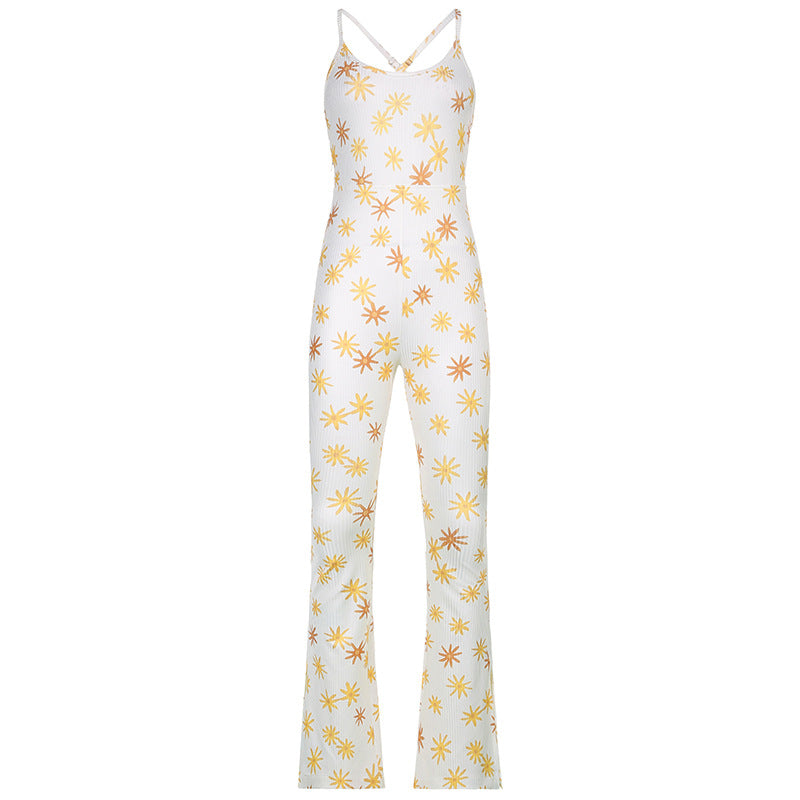 "Spring Me"Flower Printed Sling Split Jumpsuit