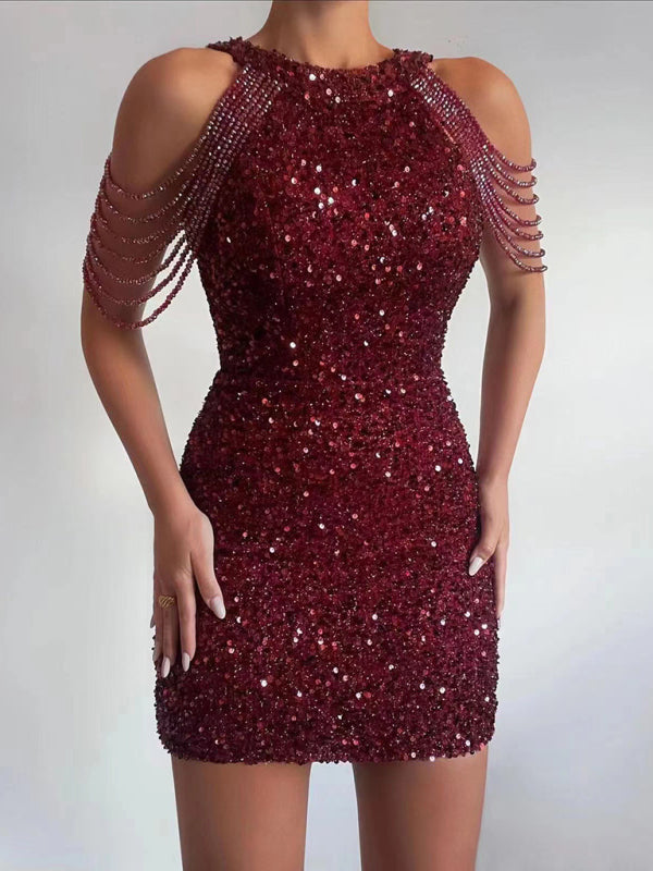 Women's Sequin Chain Beads Shoulder Straps Bodycon Minidress