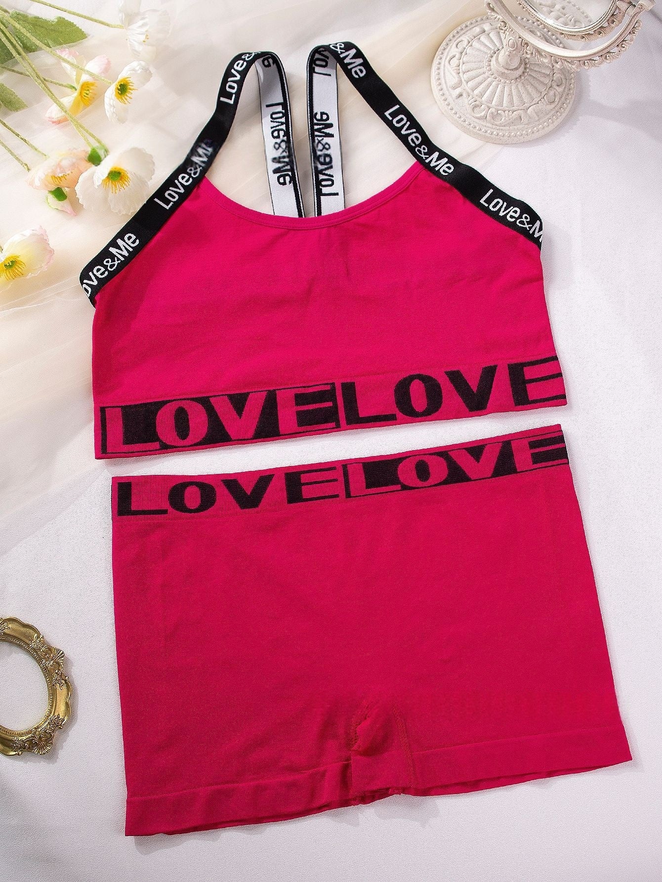 Women's Letter Print Beautiful Back Camisole Bra Set