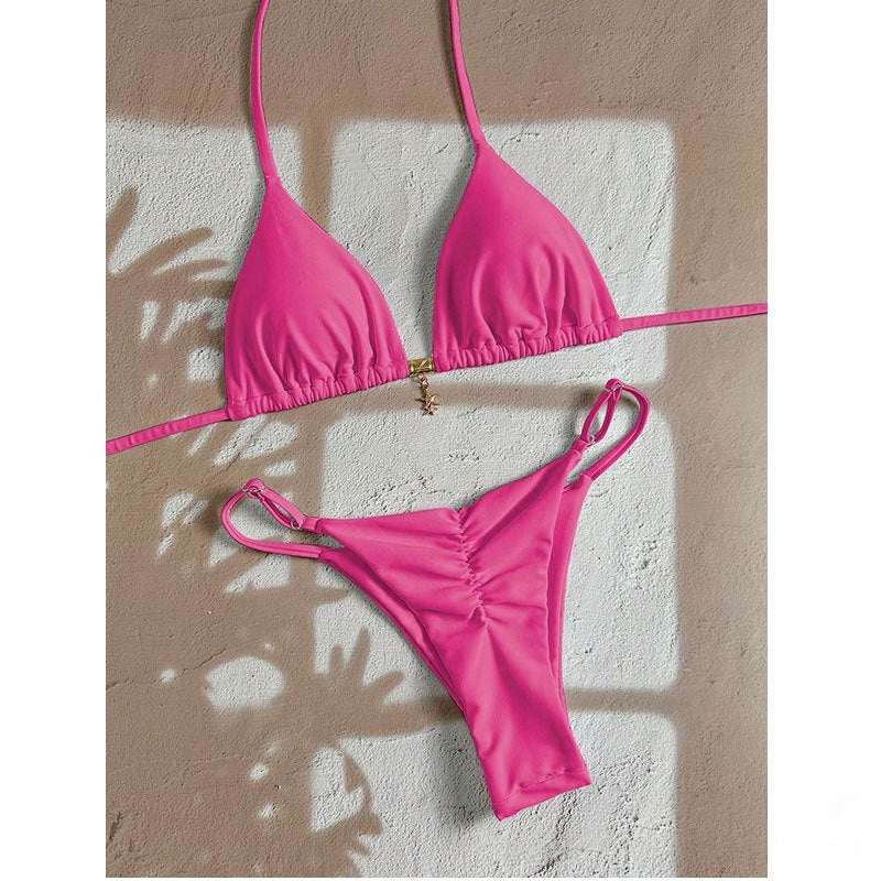 Solid-color Lace-up Halter Two-piece Bikini