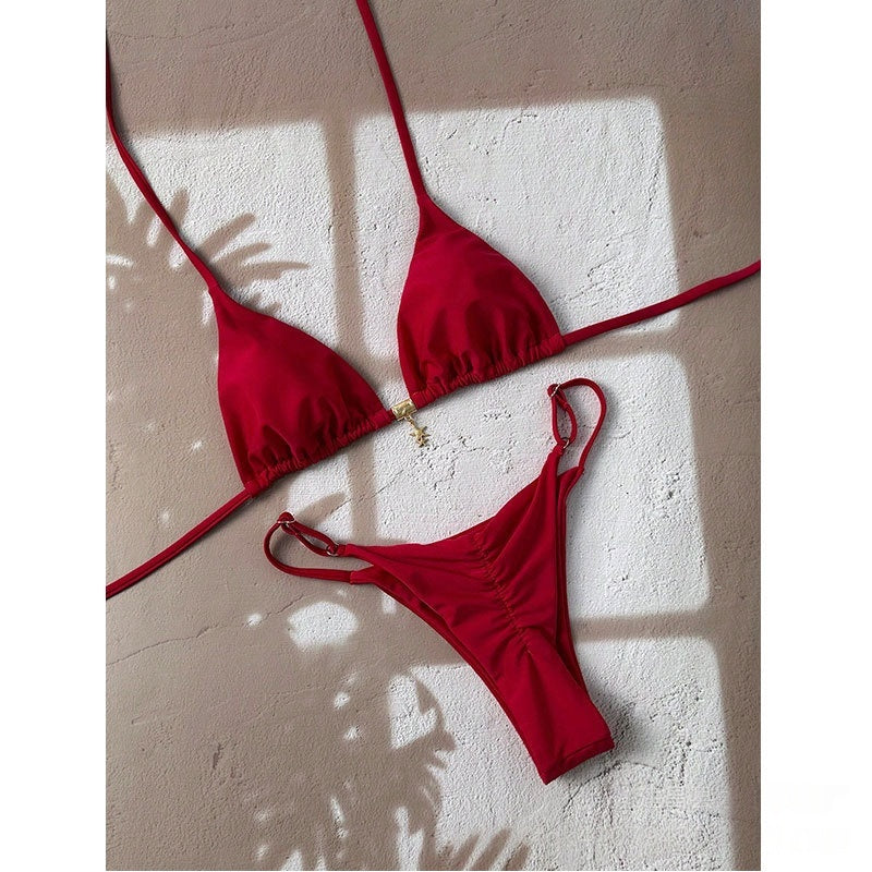 Solid-color Lace-up Halter Two-piece Bikini
