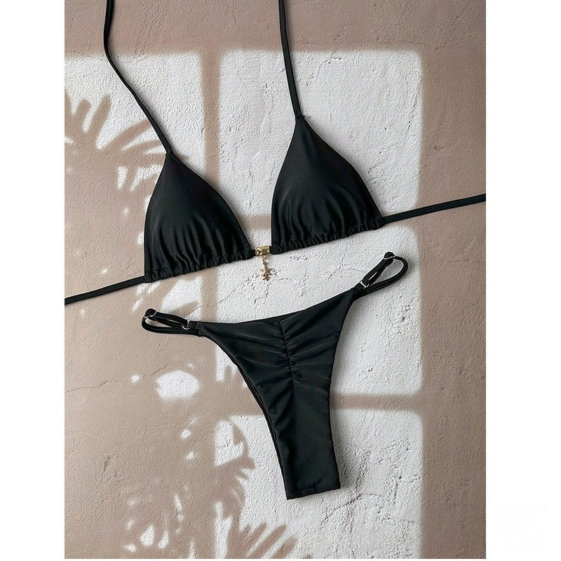 Solid-color Lace-up Halter Two-piece Bikini