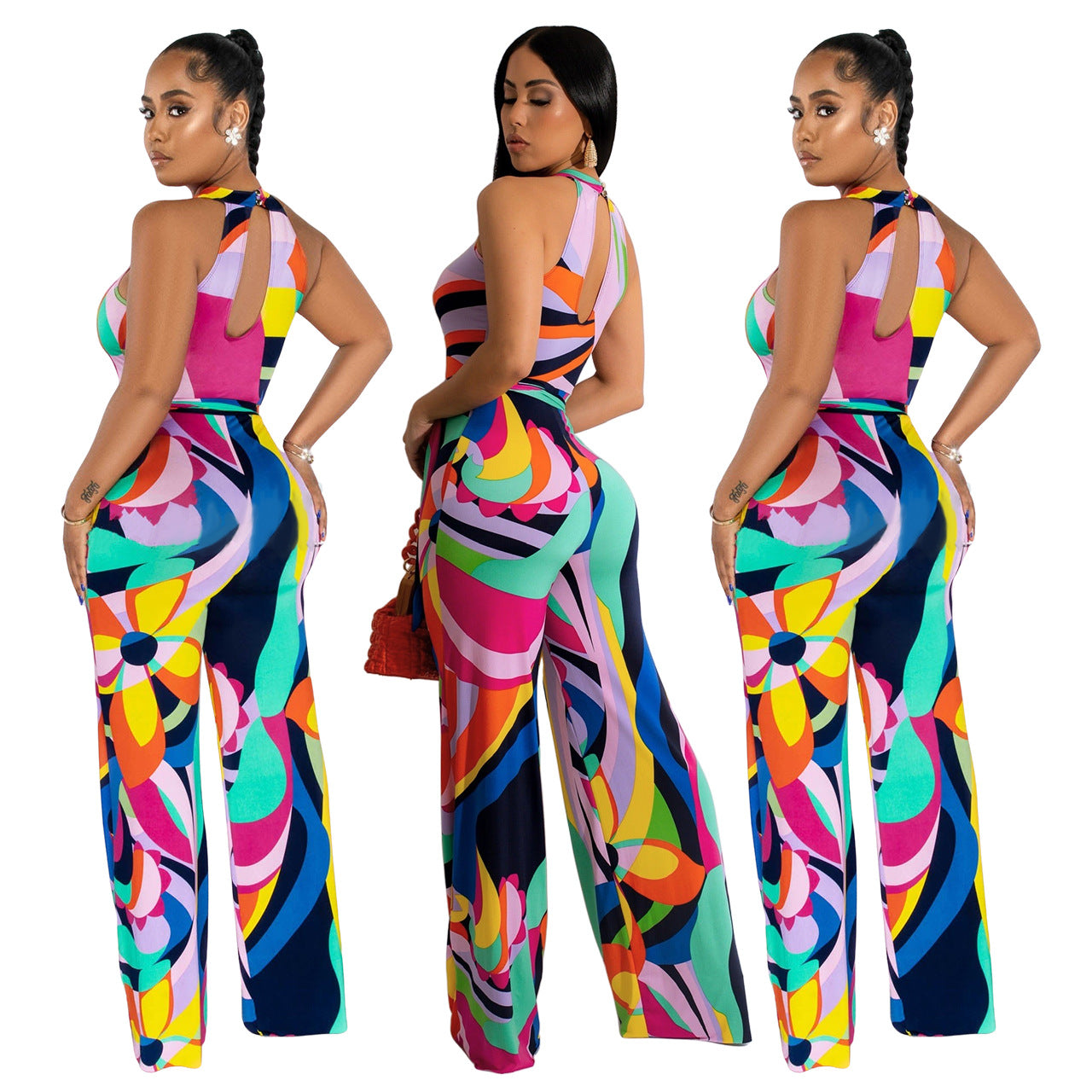 Women's Multicolor Sleeveless Print Sexy Jumpsuit