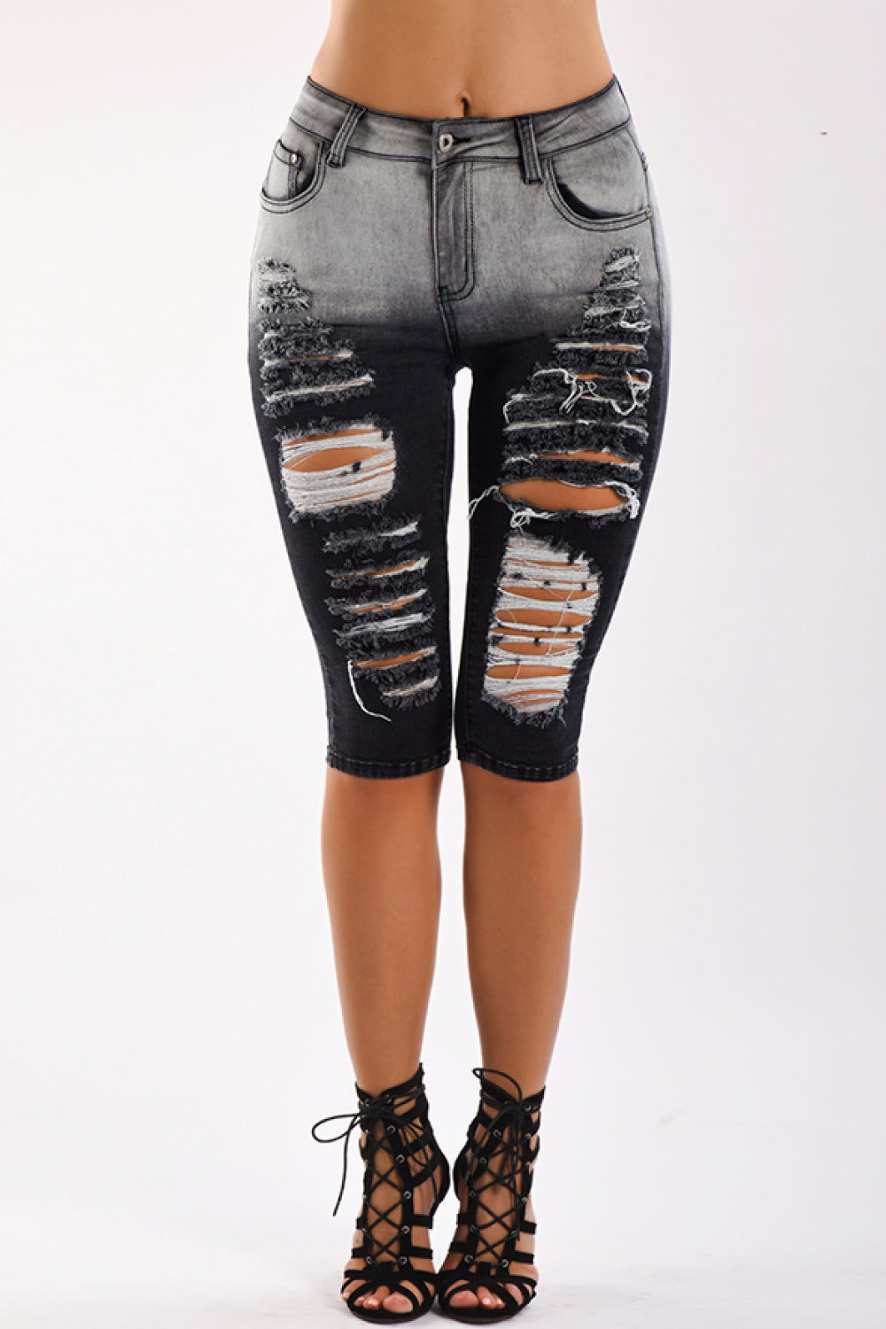 Gradient Distressed Denim Biker Shorts