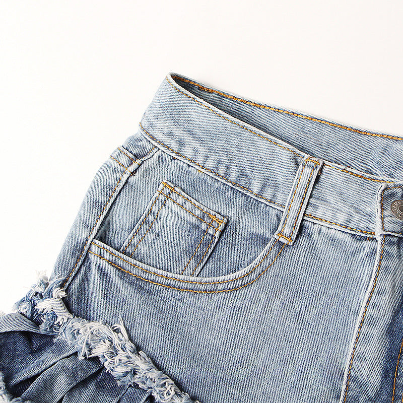 New Fashion Temperament Sexy One Buckle Fringed High Waist Denim Shorts