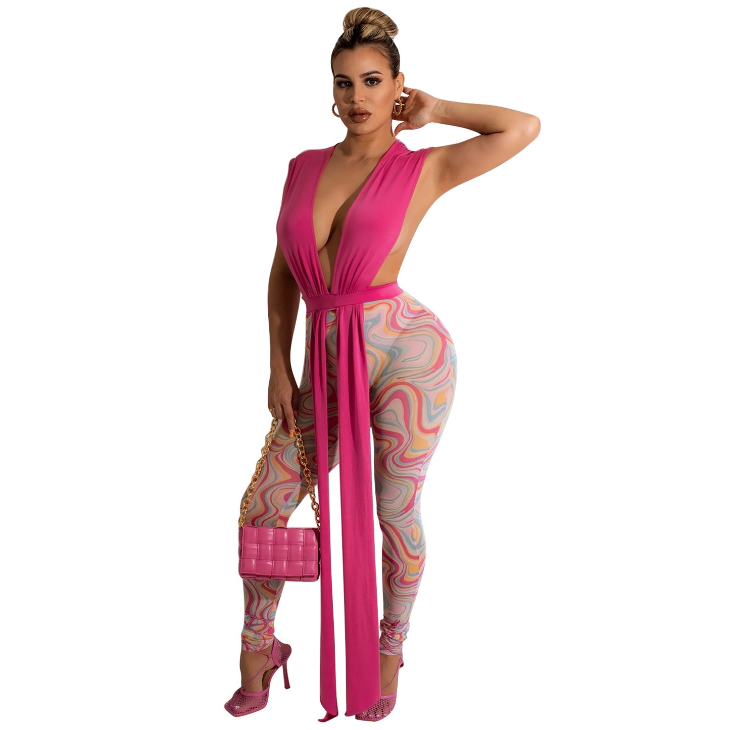 Ladies Fashion Mesh Print Pants Two Piece Set