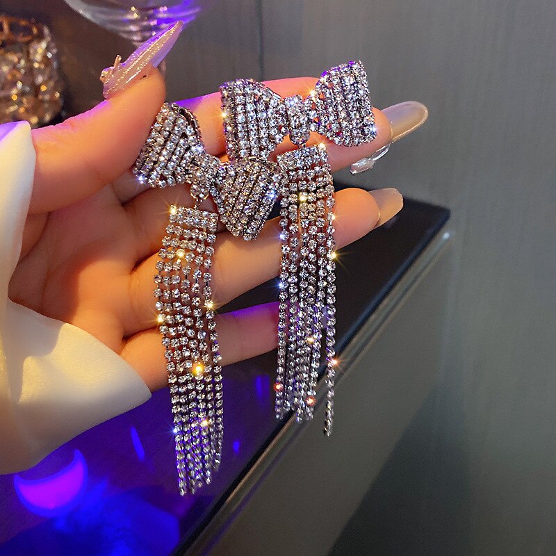 Long Full Diamond Bow Tassel New Trendy Elegant High Sense Elegant Earrings Earrings For Women