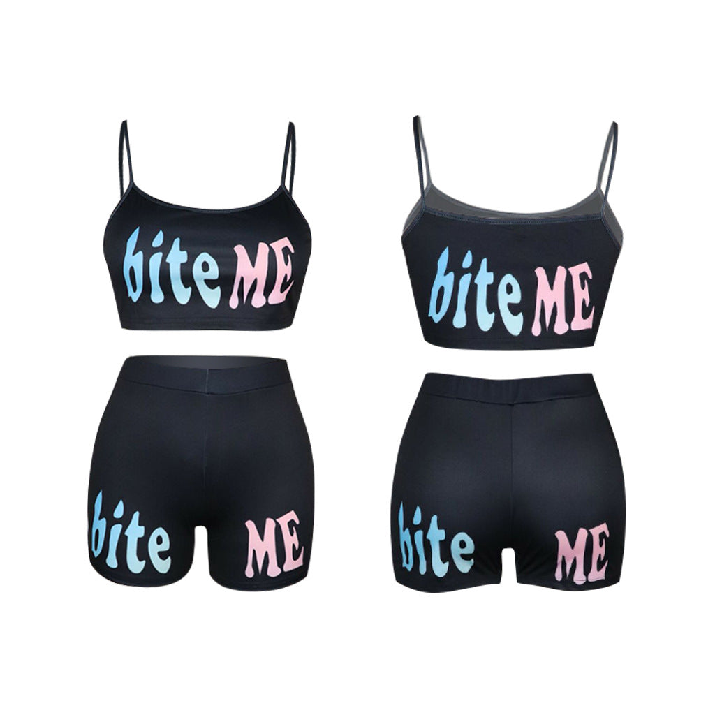Ladies' Letter Printed Shorts and Top Two Piece Set