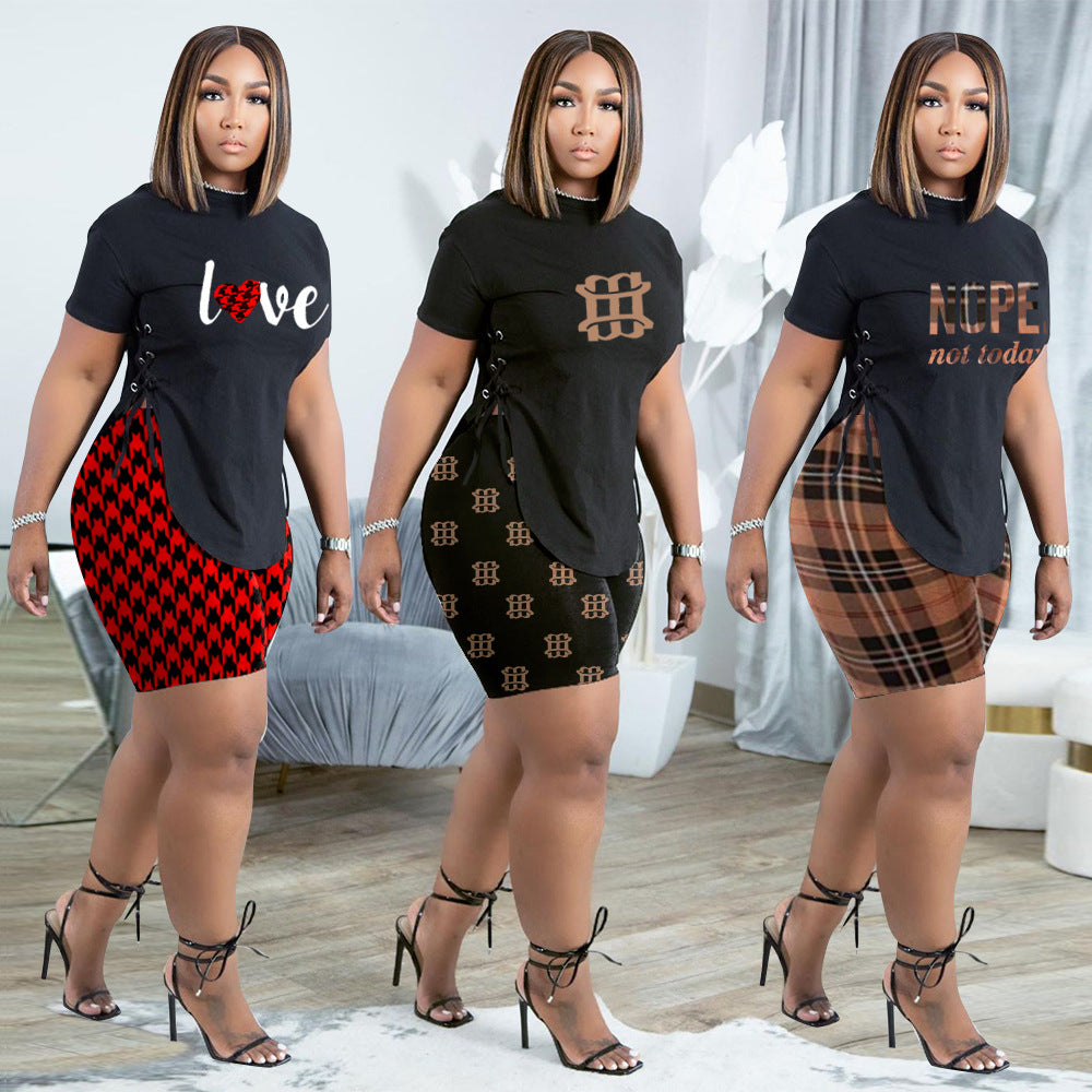 Women's Casual Side Slit Printed Letter Shorts Two-Piece Set