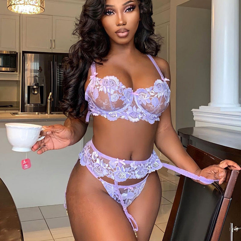 Purple Lace Printed Hollow Garter Three Piece Sexy Suit