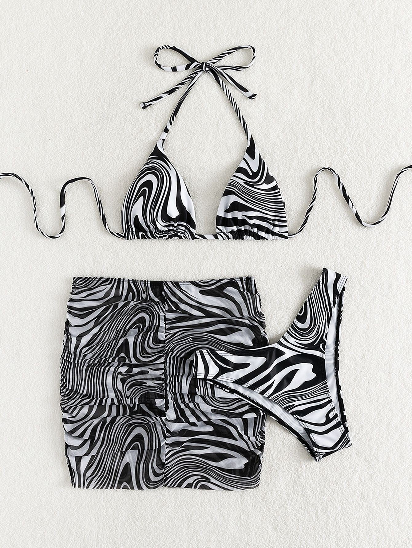 Animal Print Ruched Three-Piece Swimsuit