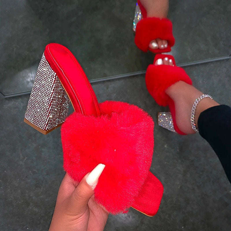 Women's Summer Fashion Rhinestone Fluffy High Heels
