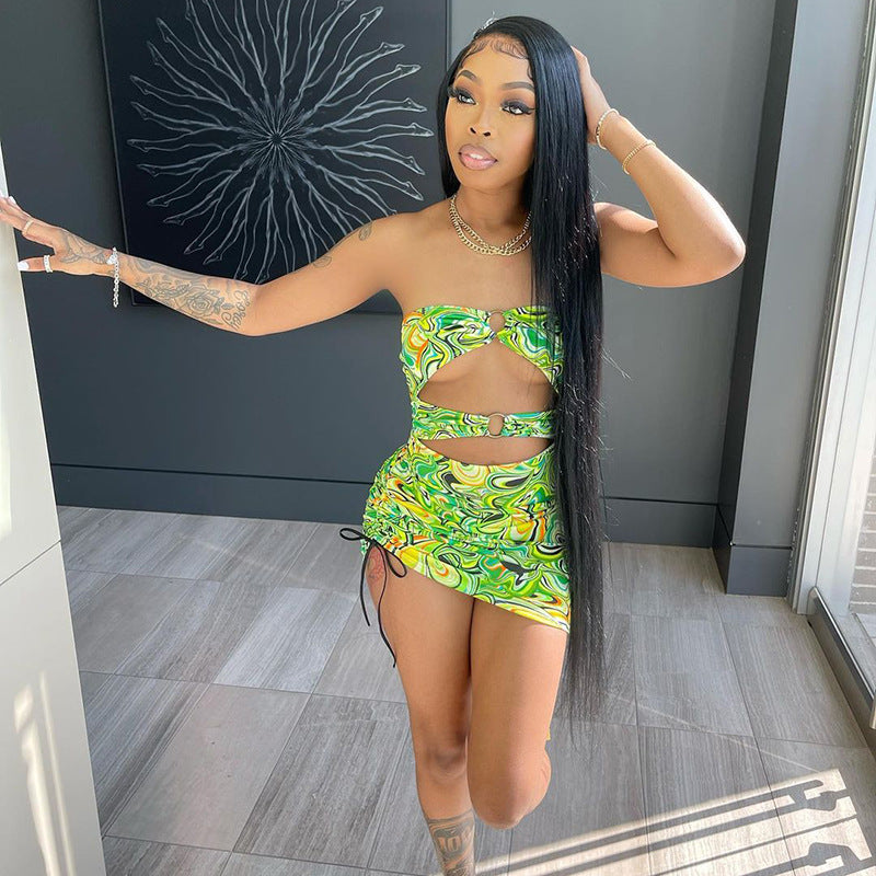 "Summer Time" Summer Print Bra Cut-out Drawstring Dress