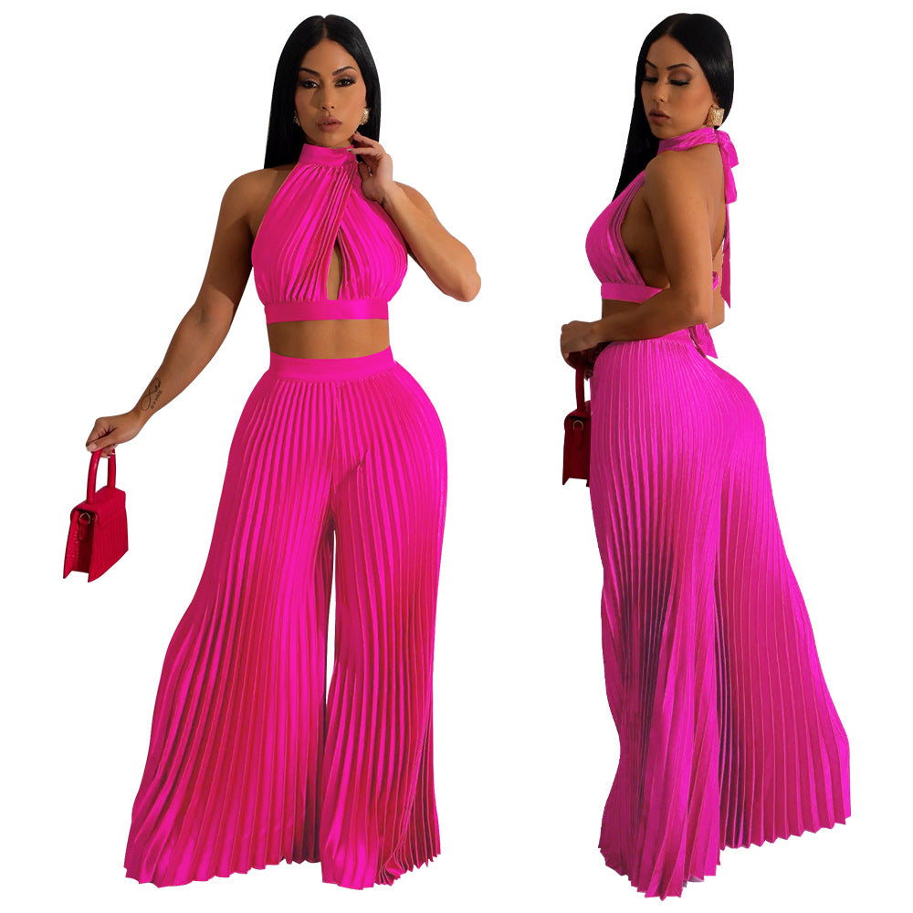 Women's Halter Top Silk Pleated Wide-Leg Pants Two-piece Set