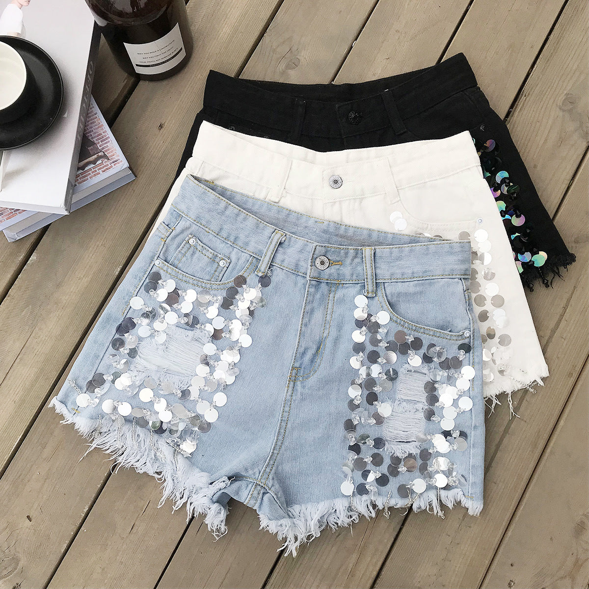 Beaded High Waisted Denim Shorts