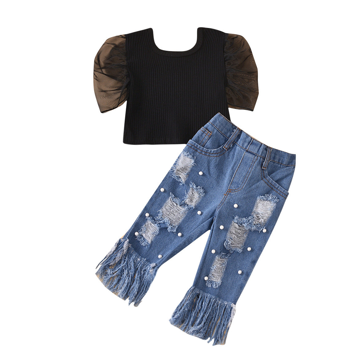 Girls Embellished Raw Edge Jeans and Shirt Set