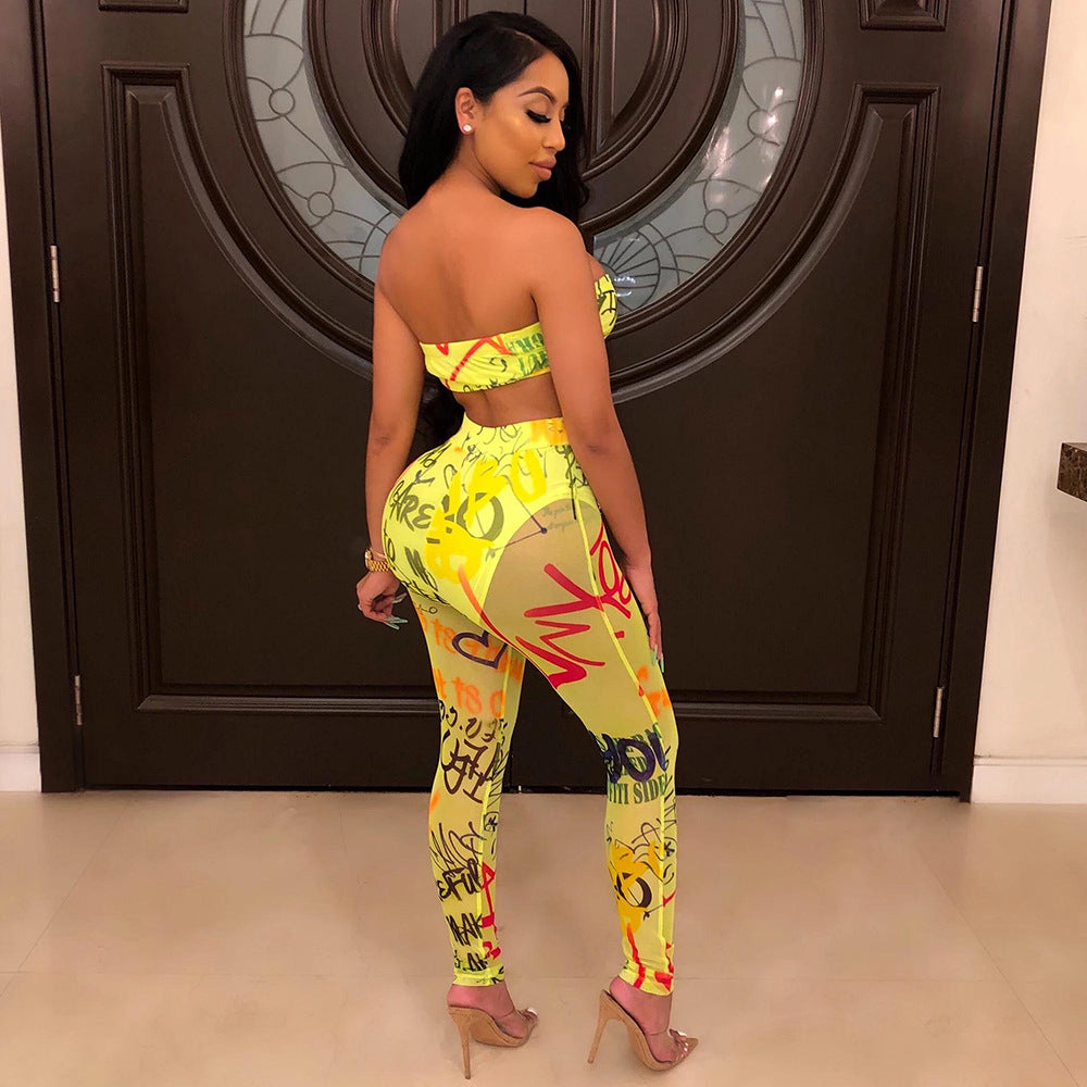 Graffiti Print Sexy Chest Wrap Two Piece Set
