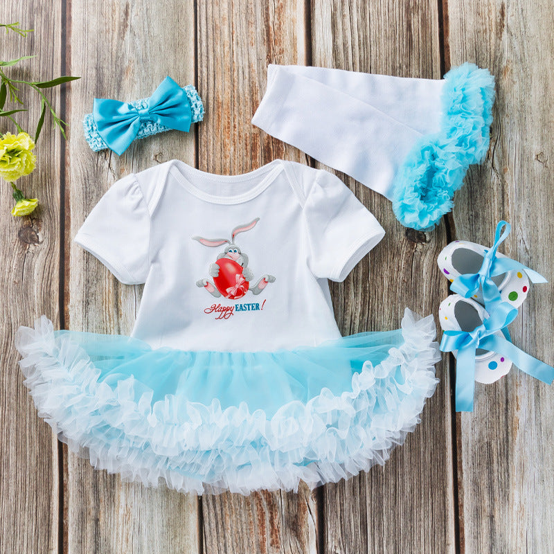 Infant Girl Skirt Easter Short Sleeved Cartoon Rabbit Mesh Skirt
