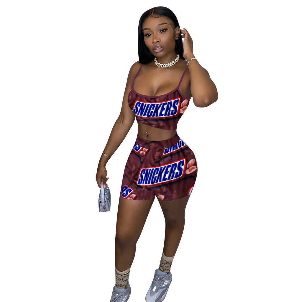 Ladies' Letter Printed Shorts and Top Two Piece Set