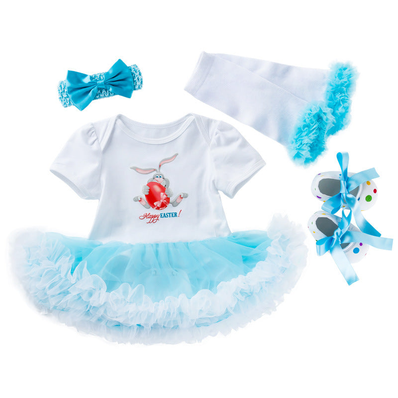 Infant Girl Skirt Easter Short Sleeved Cartoon Rabbit Mesh Skirt