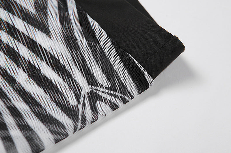 Zebra Pattern Sexy Mesh Printed Bodysuit Jumpsuit Set