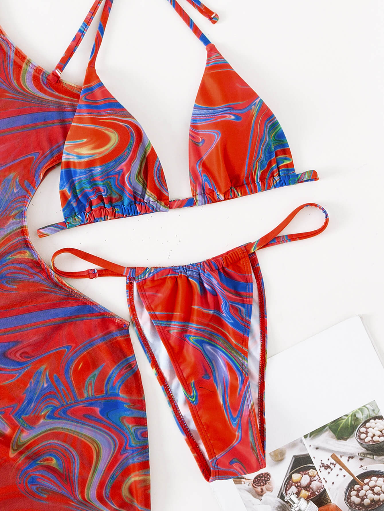Abstract Print Tied Three-Piece Swimsuit