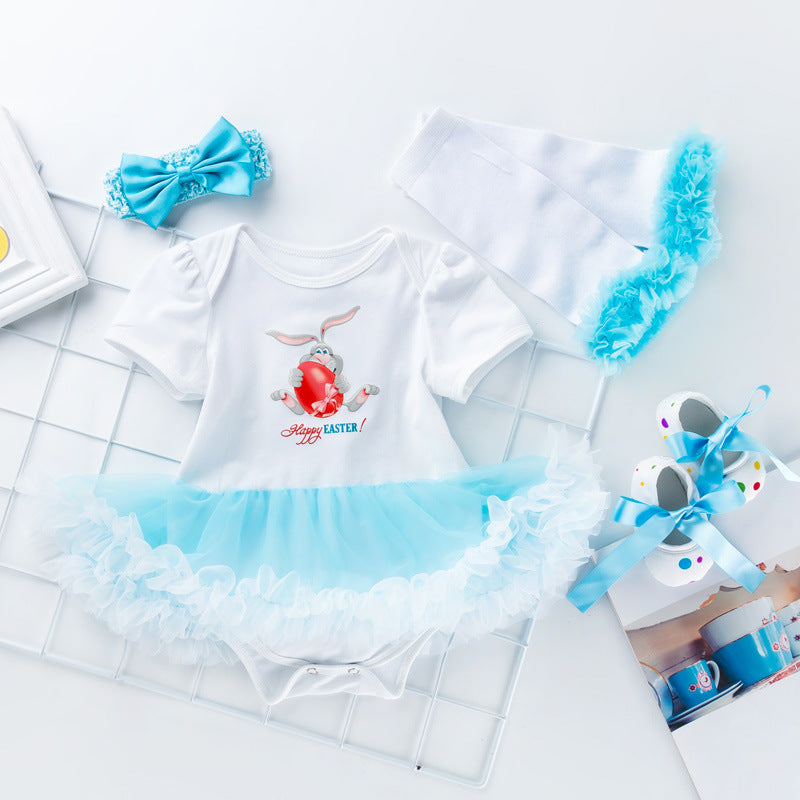 Infant Girl Skirt Easter Short Sleeved Cartoon Rabbit Mesh Skirt