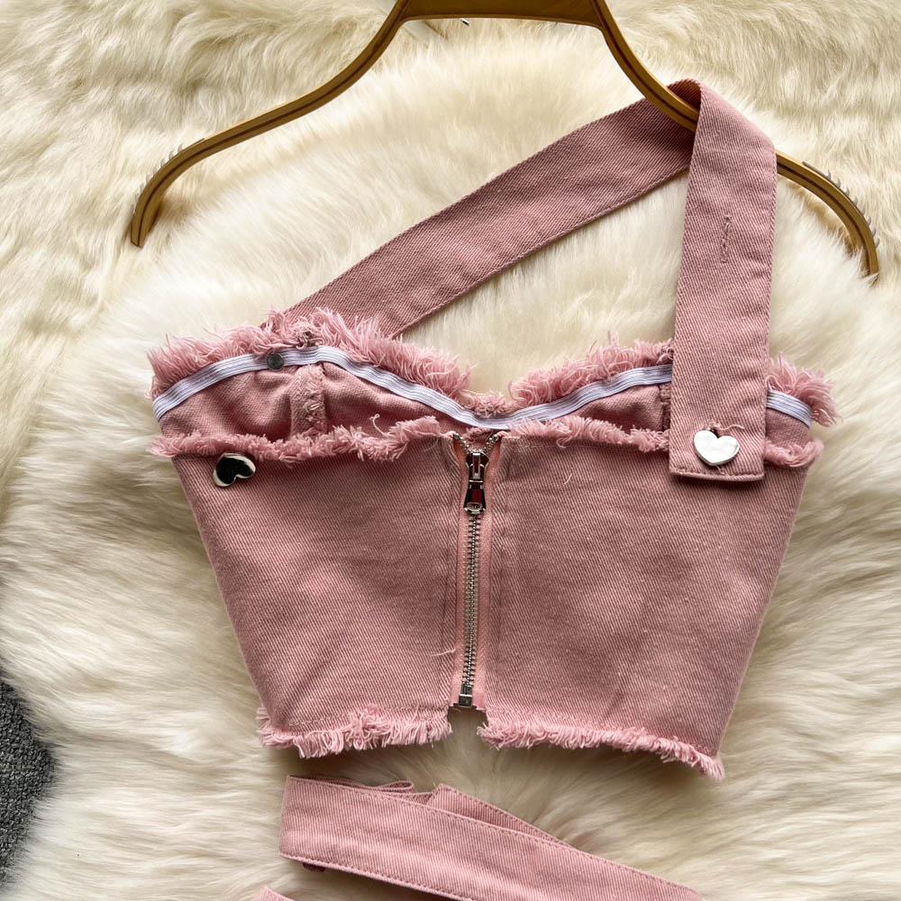 Pink Bandeau Sling Top Irregular Skirt Stylish Two-piece Set