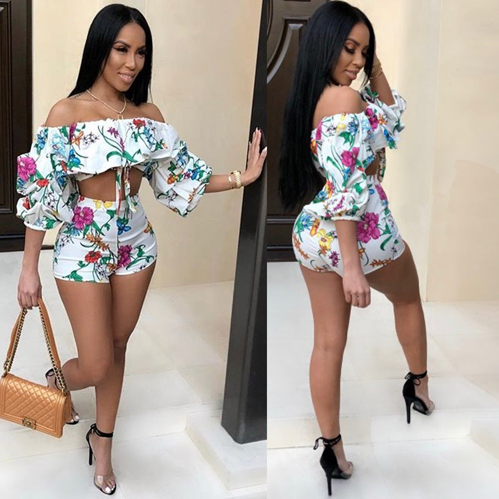 Women's Sexy Flower Printed Puffed Sleeved Two-Piece Set