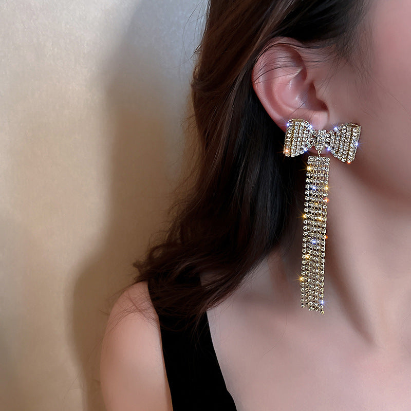 Long Full Diamond Bow Tassel New Trendy Elegant High Sense Elegant Earrings Earrings For Women