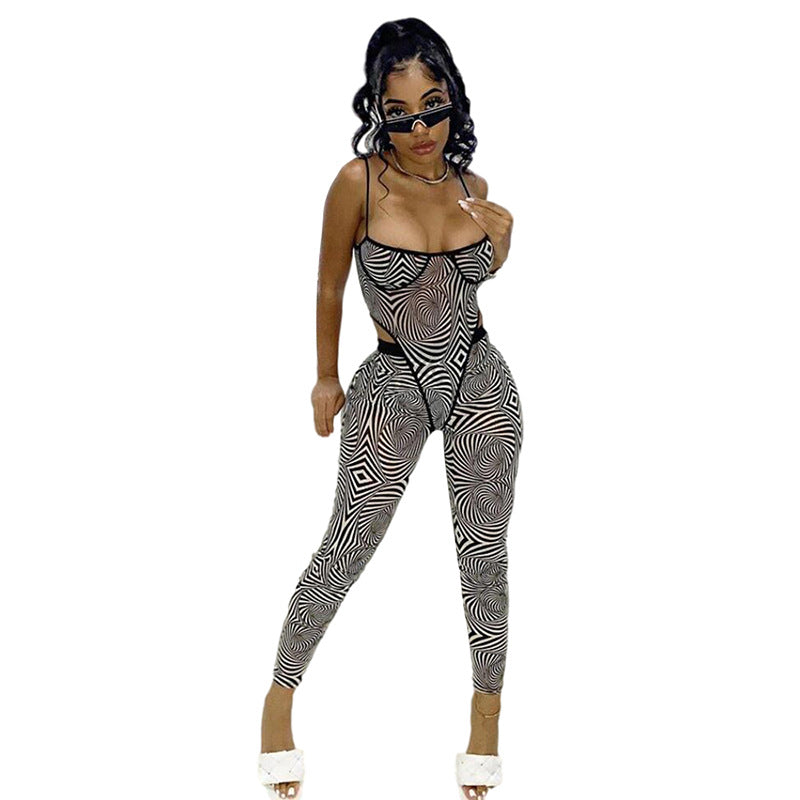 Zebra Pattern Sexy Mesh Printed Bodysuit Jumpsuit Set