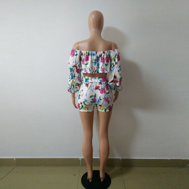 Women's Sexy Flower Printed Puffed Sleeved Two-Piece Set