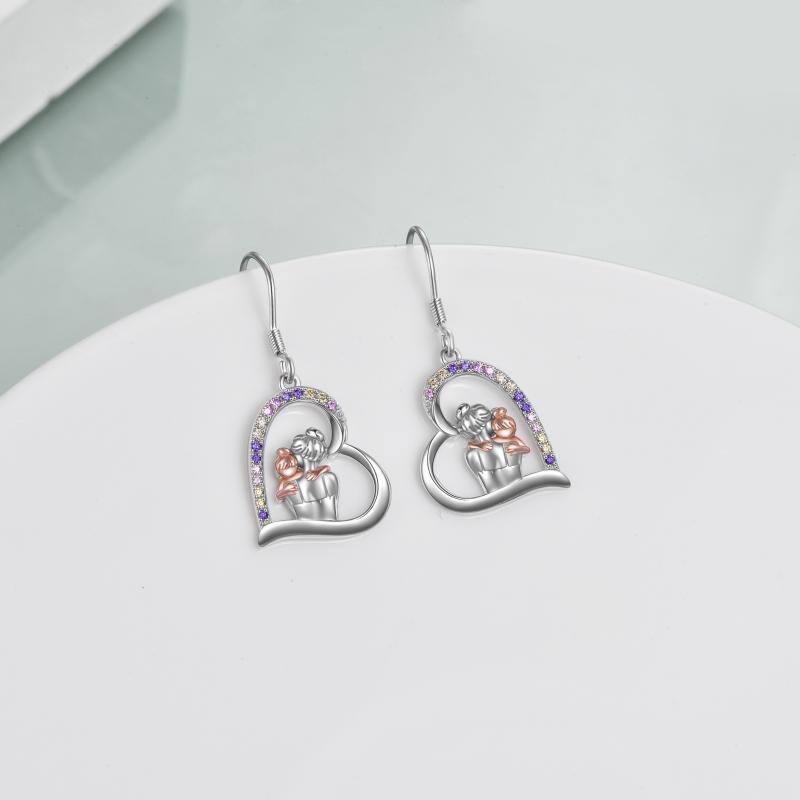 Mother Hold Child Love Heart Dangle Sterling Silver Earrings