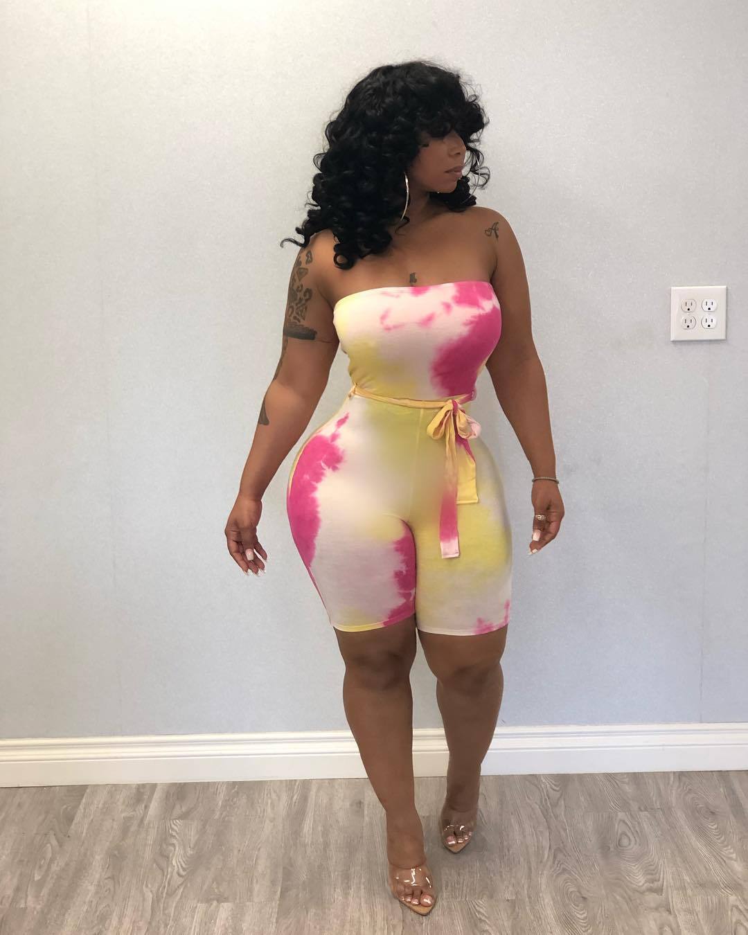 "Tie-dyed chest-wrap jumpsuit"