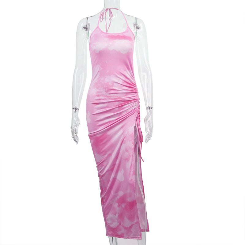 Sky Printed Slit Pleated Drawstring Sexy Halterneck Dress